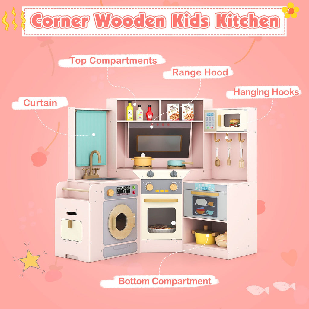 Corner Kitchen Toys with Lights and Sounds with Pull-out Trash Can and Stoves