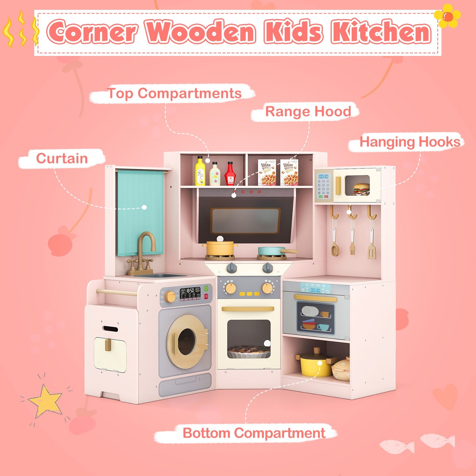 Corner Kitchen Toys with Lights and Sounds with Pull-out Trash Can and Stoves