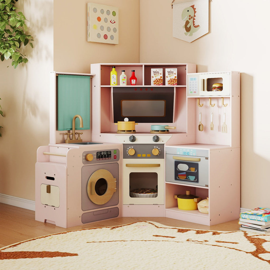 Corner Kitchen Toys with Lights and Sounds with Pull-out Trash Can and Stoves